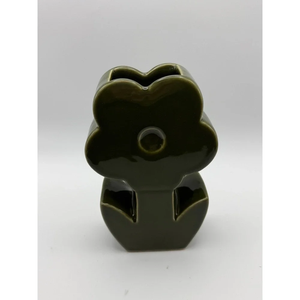 Olive Green Flower‎ Shaped Ceramic Vase MCM Style Decor 6.25